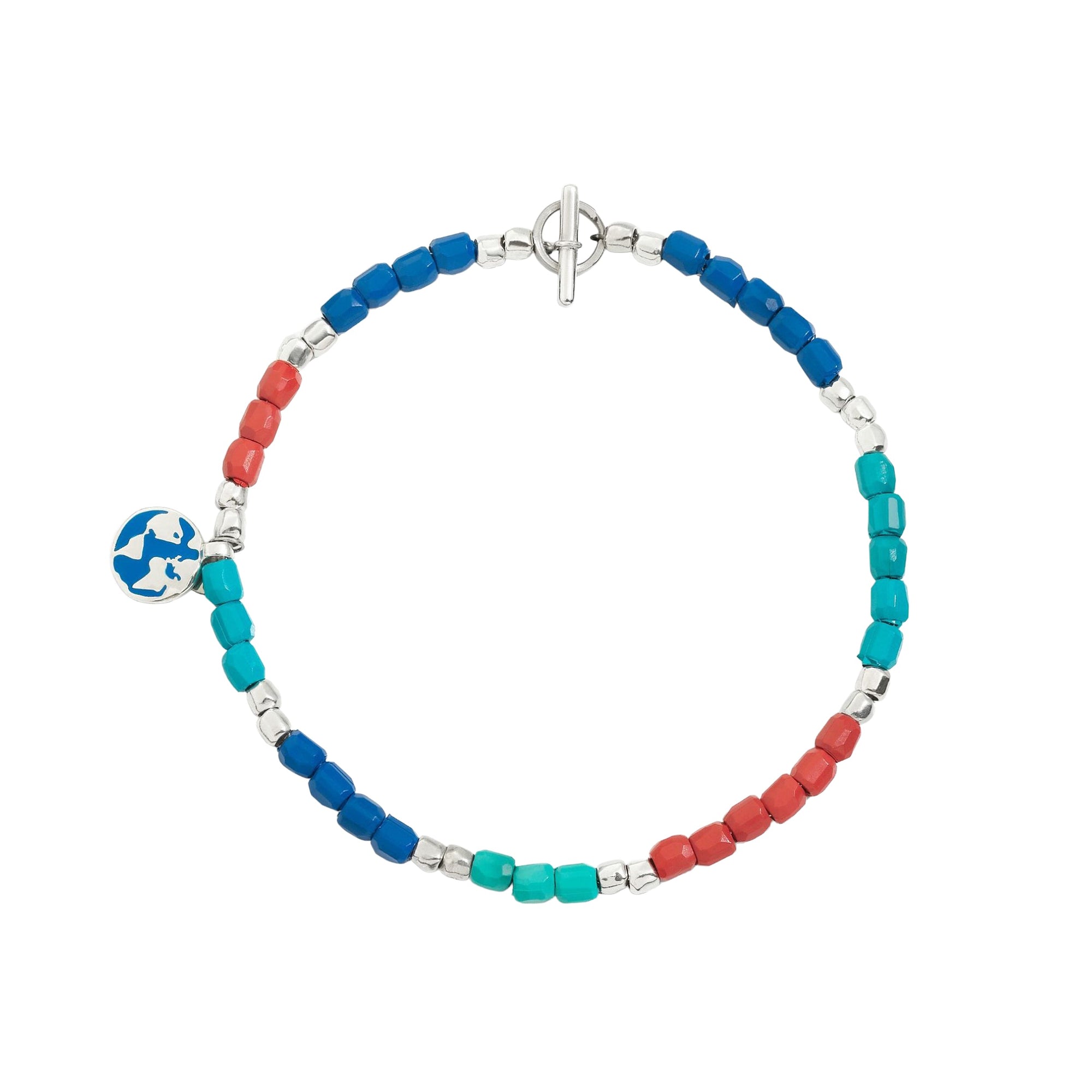 Bracelet in mini granelli of recycled plastic and 925 silver Chain, closure ring and plaquette in steel, t-bar closure in 925 silver and plaquette in 925 silver and blue enamel  - Silver