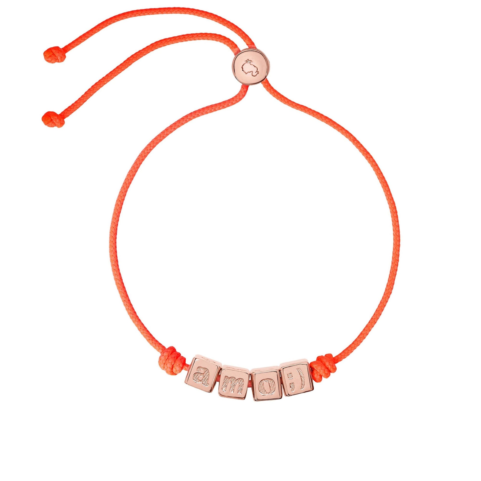 Symbols bracelet with cord in pink polyester and ""AMO"" writing in 18K rose gold plated silver - Silver