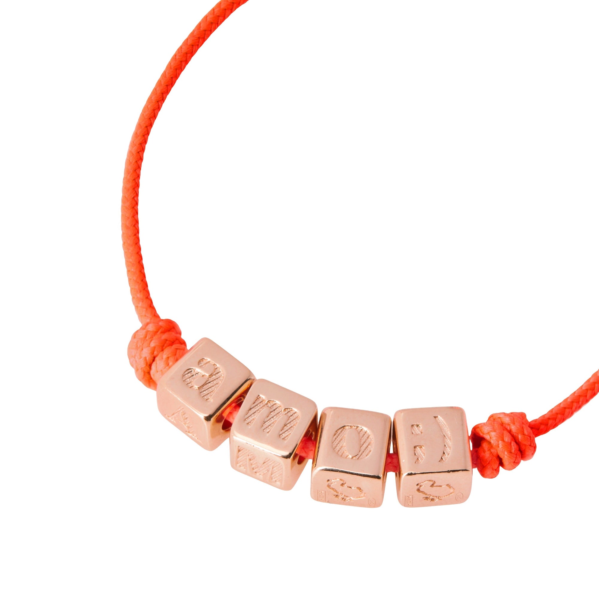 Symbols bracelet with cord in pink polyester and ""AMO"" writing in 18K rose gold plated silver - Silver
