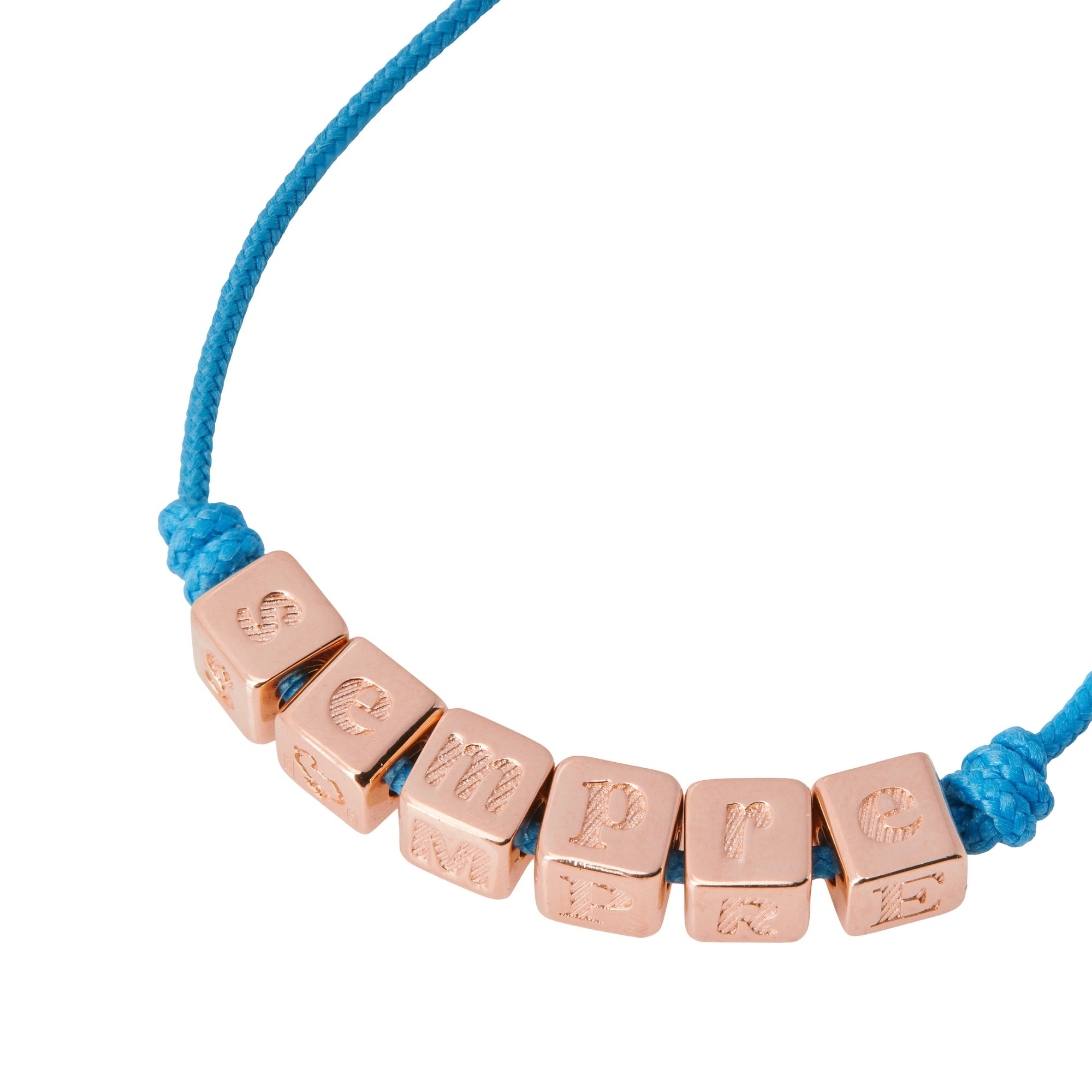 Symbols bracelet with cord in blue polyester and ""SEMPRE"" writing in 18K rose gold plated silver - Silver
