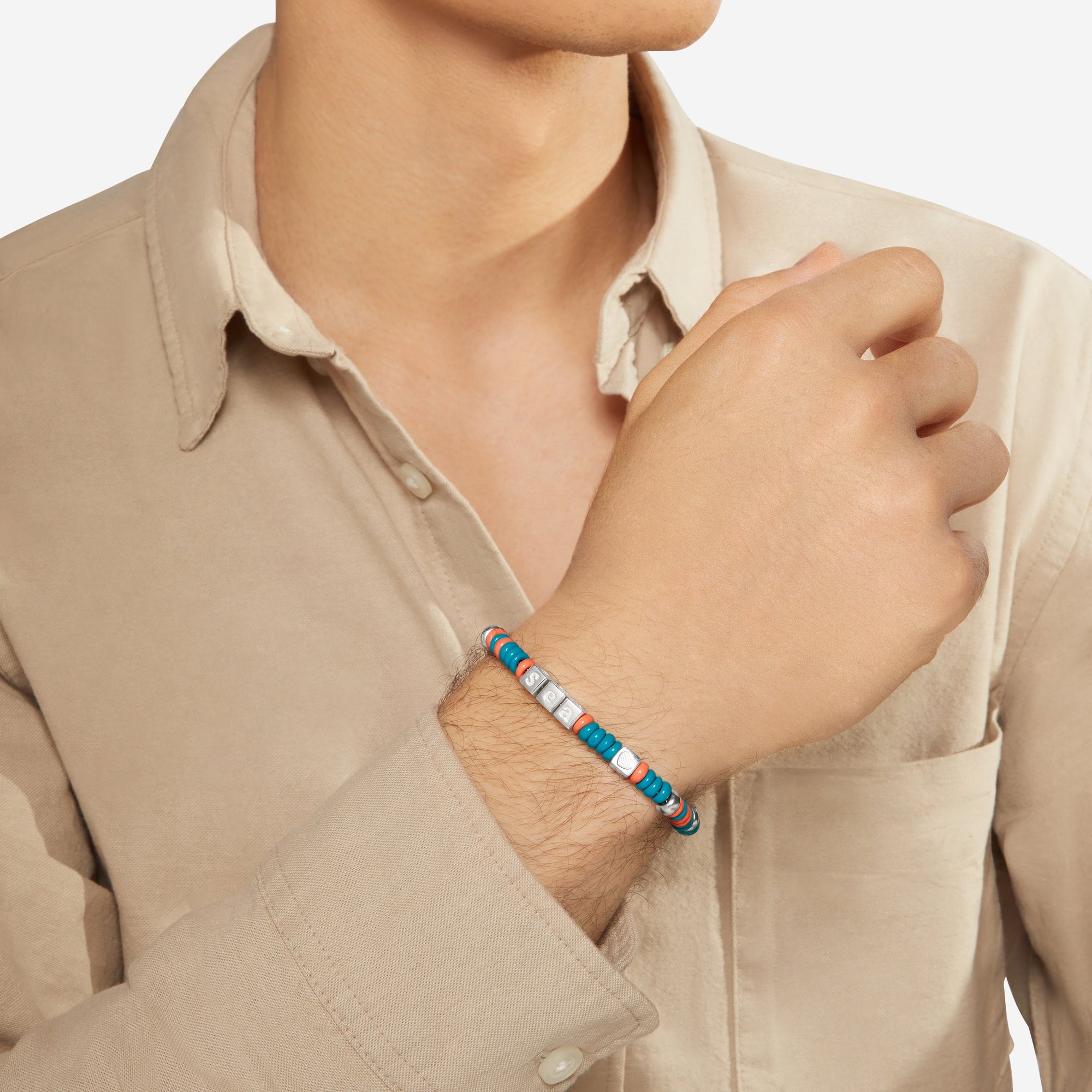Recycled plastic and sterling silver bold Rondelle bracelet with sterling silver cubes components, stearling silver chain and t-bar, steel brisé ring - Silver