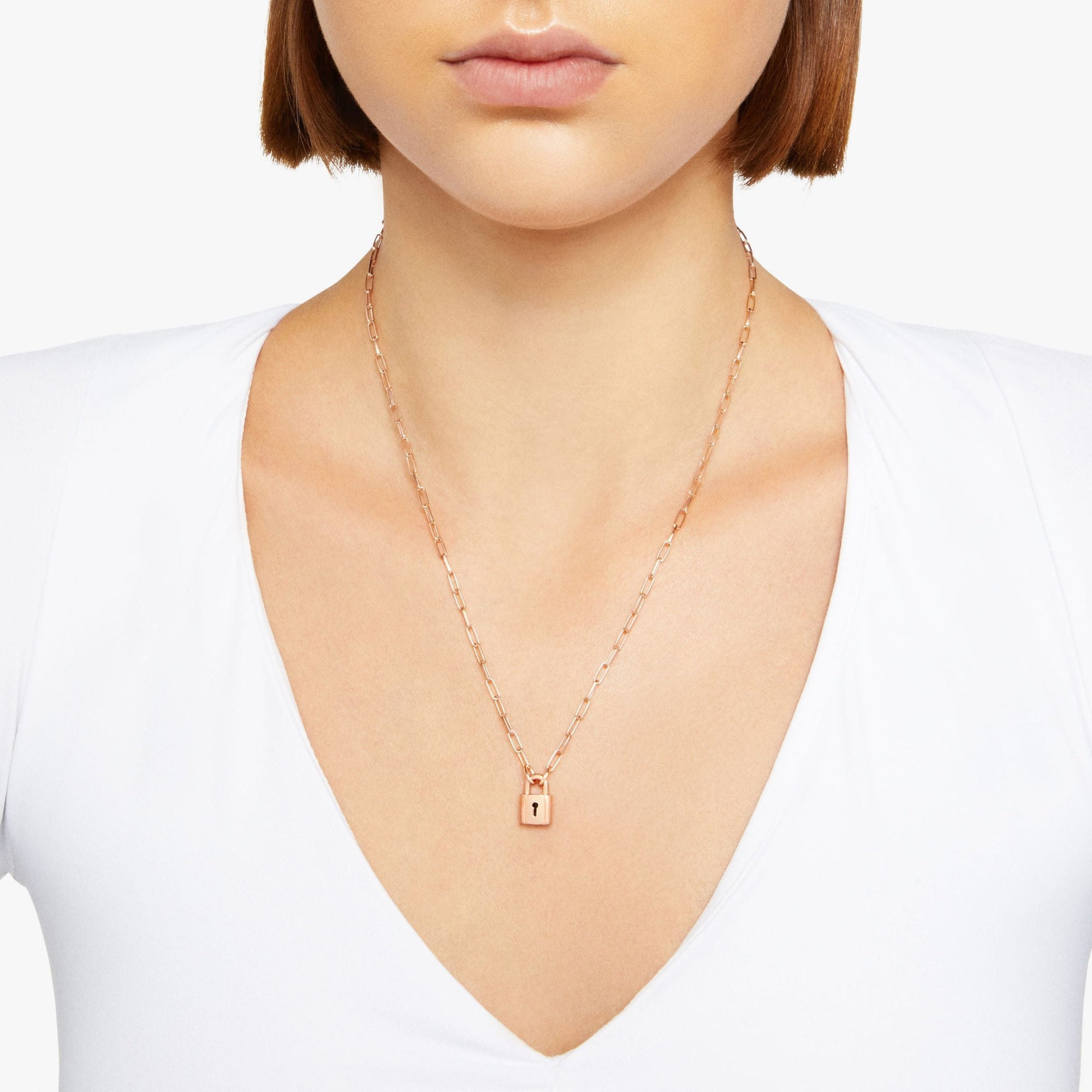 Lock necklace in 18K rose gold plated silver with plaquette in 18K rose gold plated silver - Silver