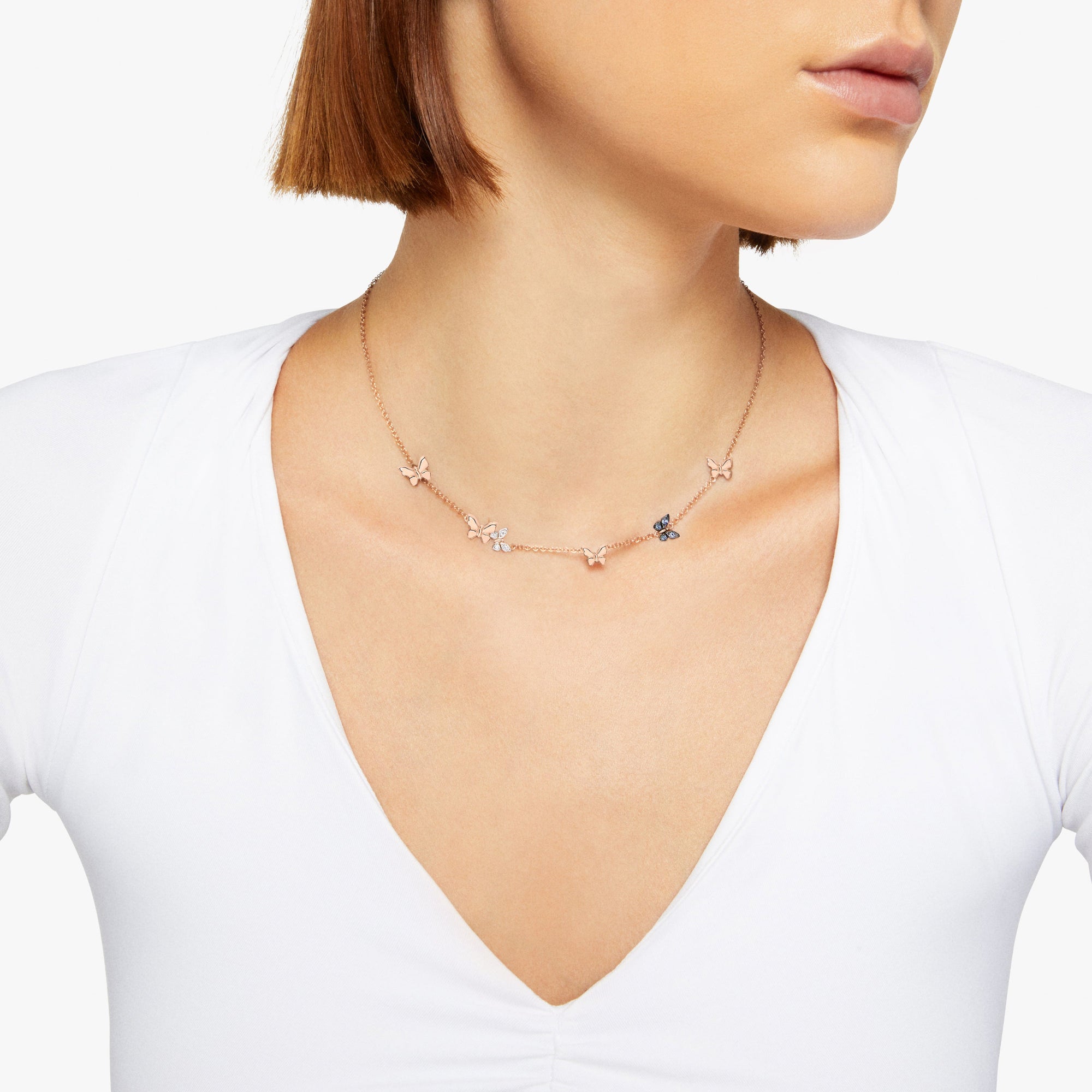 Butterfly necklace in 9K rose gold with 4 white diamonds (ct 004) and 4 blue sapphires (ct 005 Plaquette in 9K rose gold - Rose Gold