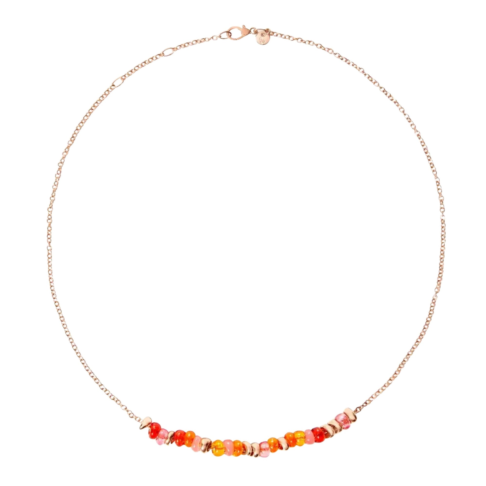 Rondelle gold plated silver & recycled plastic Necklace - Rose Gold & Orange