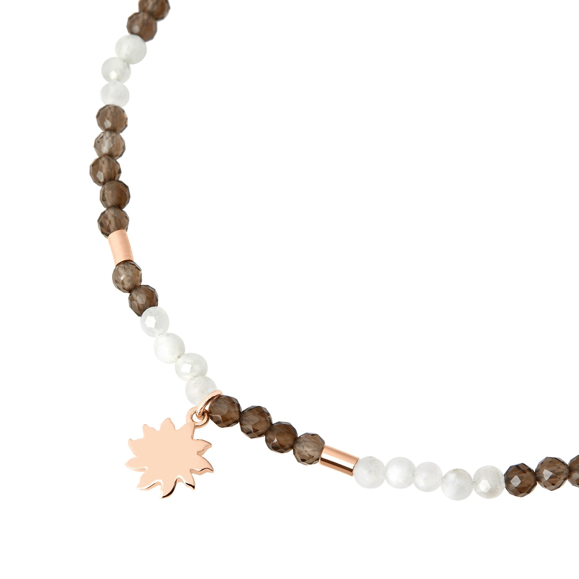 Moon & Sun necklace in 9K rose gold with smoky quartz, moonstone, 2 mini icon charms in 9K rose gold - Rose Gold