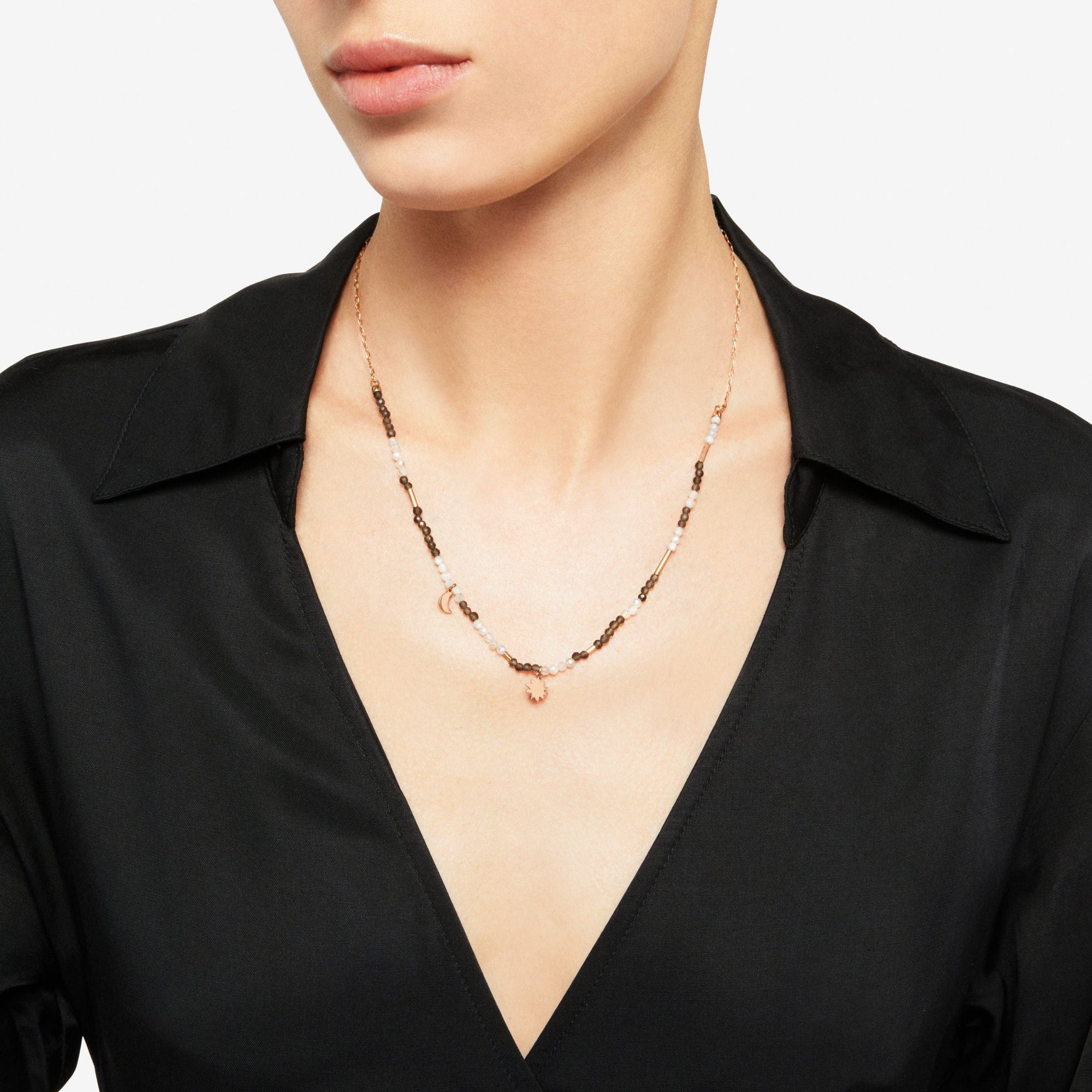 Moon & Sun necklace in 9K rose gold with smoky quartz, moonstone, 2 mini icon charms in 9K rose gold - Rose Gold