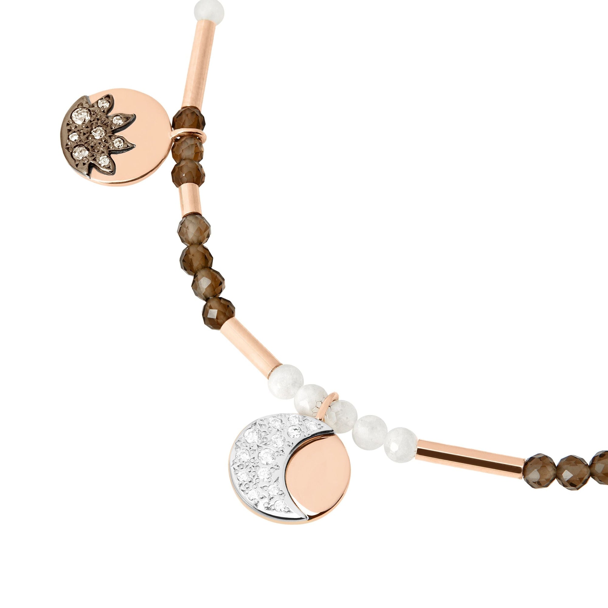 Moon & Sun necklace in 9K rose gold with smoky quartz, moonstone, 13 white diamonds, 8 brown diamonds and 3 mini icon charms in 9K rose gold (ct 017) - Rose Gold