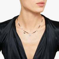 Moon & Sun necklace in 9K rose gold with smoky quartz, moonstone, 13 white diamonds, 8 brown diamonds and 3 mini icon charms in 9K rose gold (ct 017) - Rose Gold