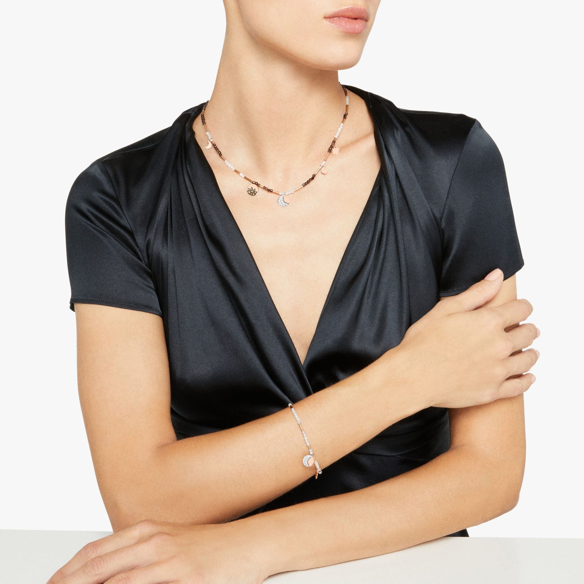 Moon & Sun necklace in 9K rose gold with smoky quartz, moonstone, 13 white diamonds, 8 brown diamonds and 3 mini icon charms in 9K rose gold (ct 017) - Rose Gold