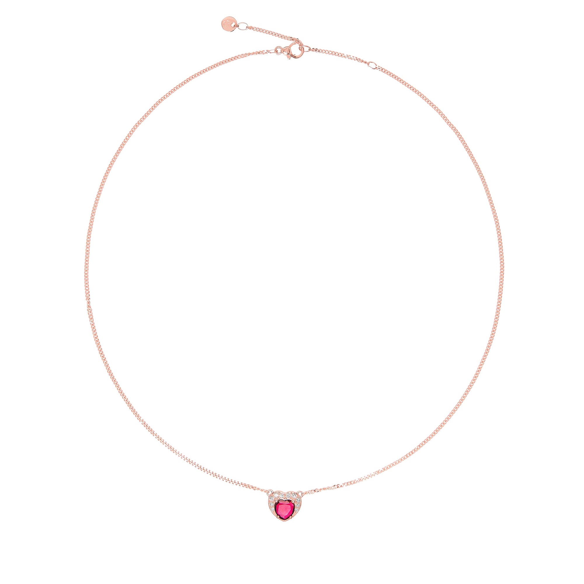 Heart Necklace in 9K rose gold with 1 synthetic ruby (ct 06) and 10 white diamonds (ct 011) - Rose Gold
