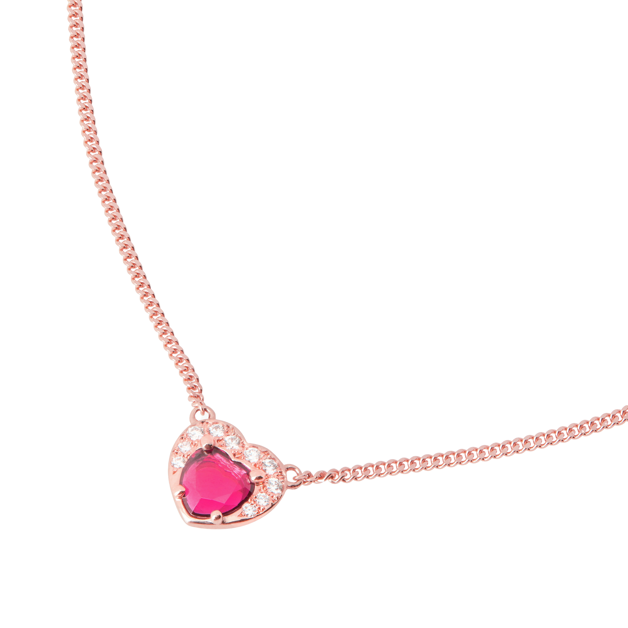 Heart Necklace in 9K rose gold with 1 synthetic ruby (ct 06) and 10 white diamonds (ct 011) - Rose Gold