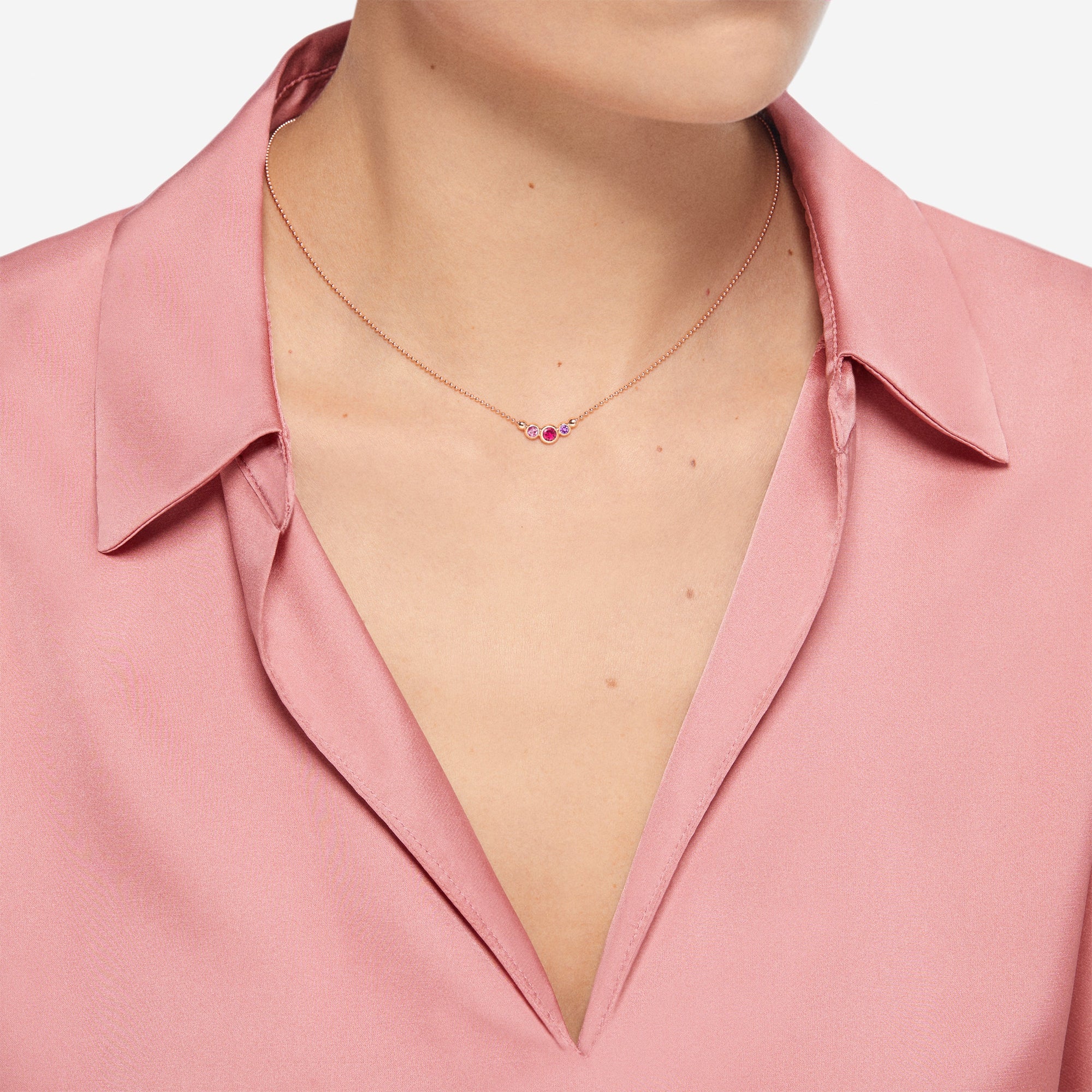 Bollicine necklace in 9K rose gold with 1 pink sapphire (ct 003), 1 ruby (ct 008) and 1 amethyst (ct 001) - Rose Gold