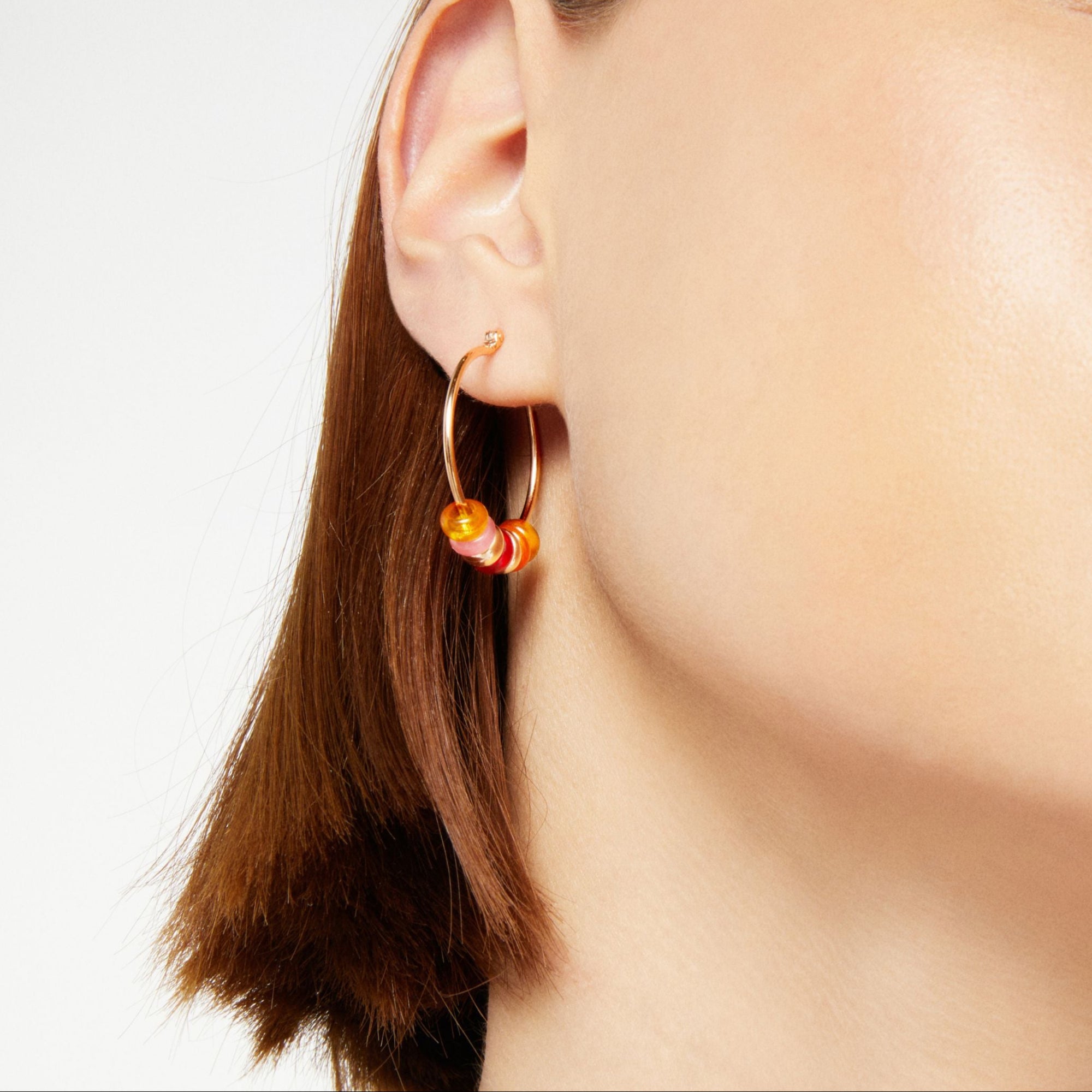Rondelle rose gold plated silver & recycled plastic Hoop Half-pair earring - Rose Gold & Orange