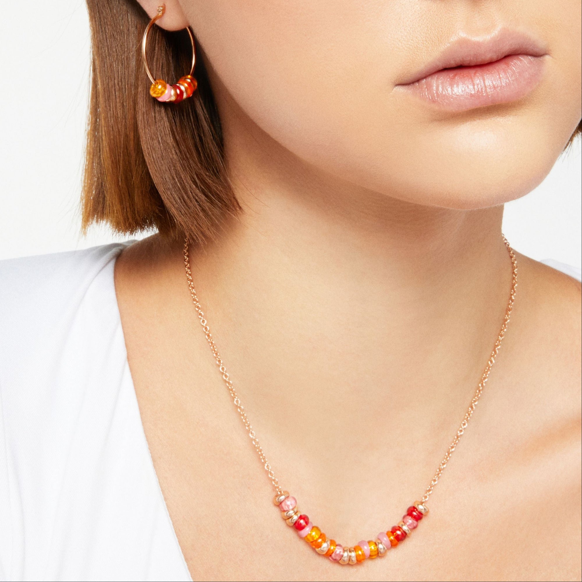 Rondelle rose gold plated silver & recycled plastic Hoop Half-pair earring - Rose Gold & Orange