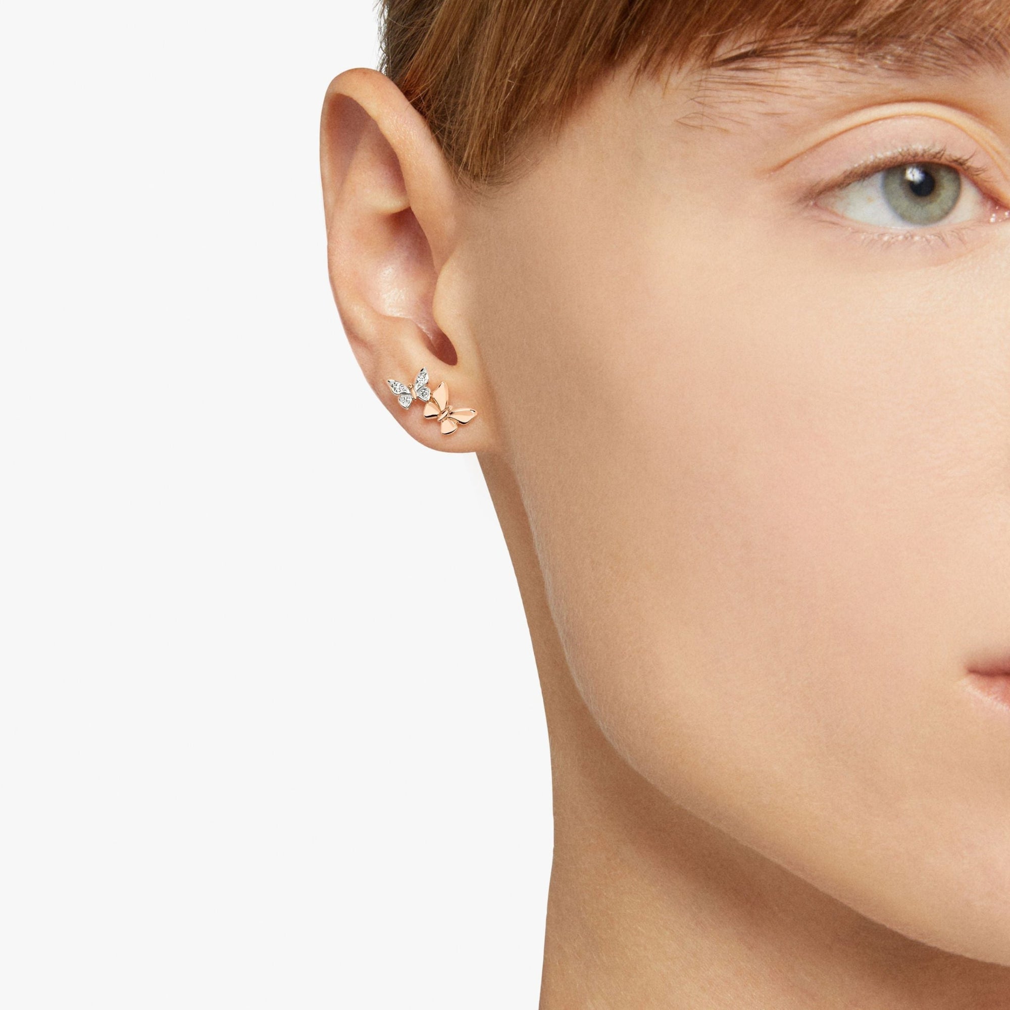 Butterfly stud earring in 9K rose gold with 4 white diamonds (ct 004) Left earring, half pair - Rose Gold