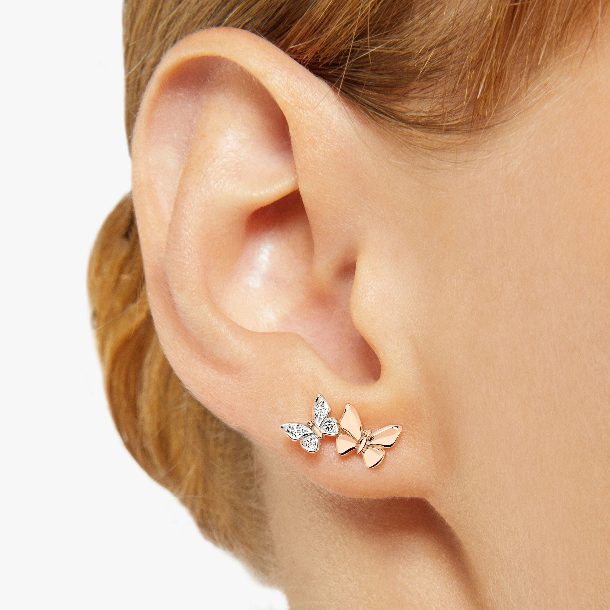 Butterfly stud earring in 9K rose gold with 4 white diamonds (ct 004) Left earring, half pair - Rose Gold