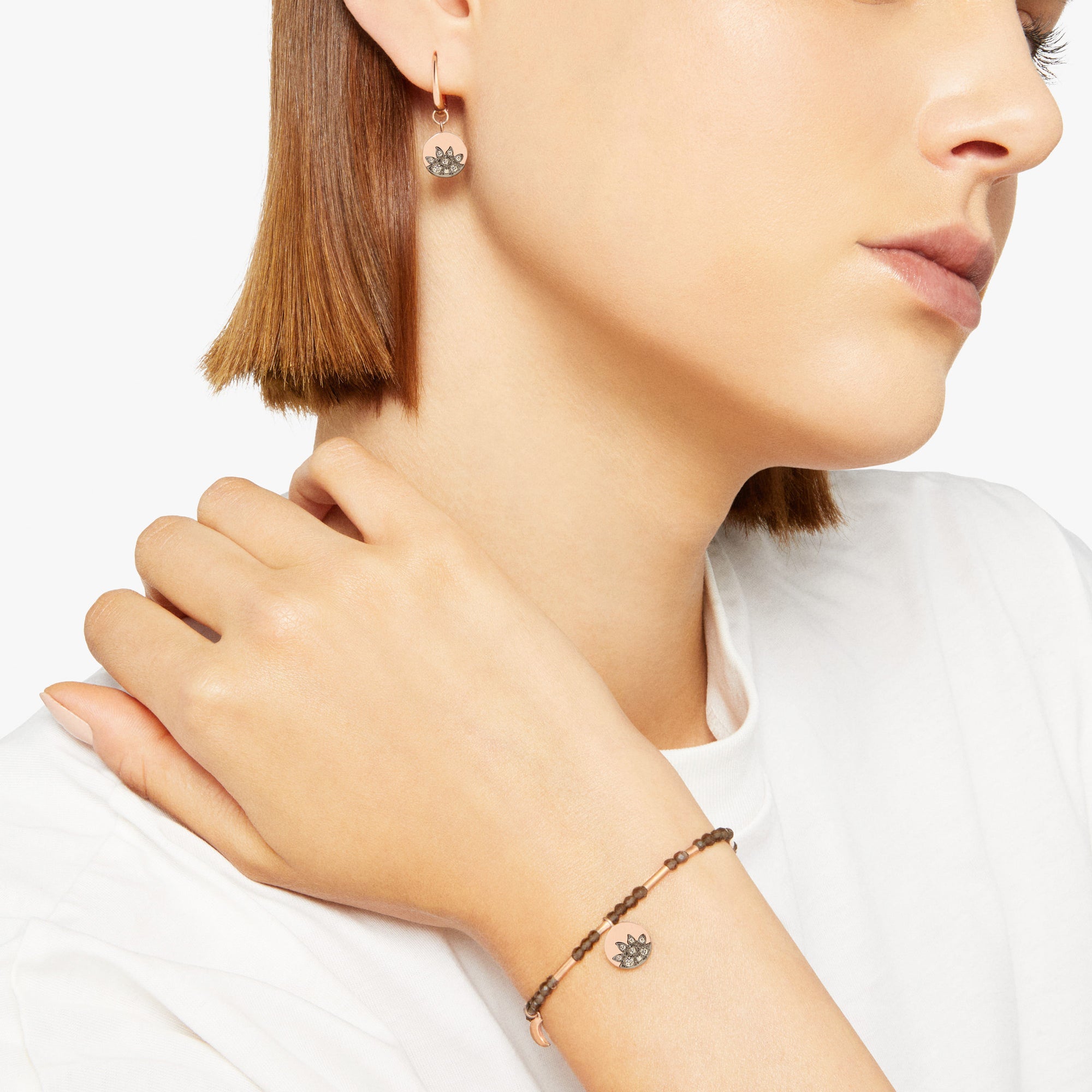 Hanging Moon & Sun earrings in 9K rose gold with 13 brown diamonds (ct 0086) Half pair - Rose Gold