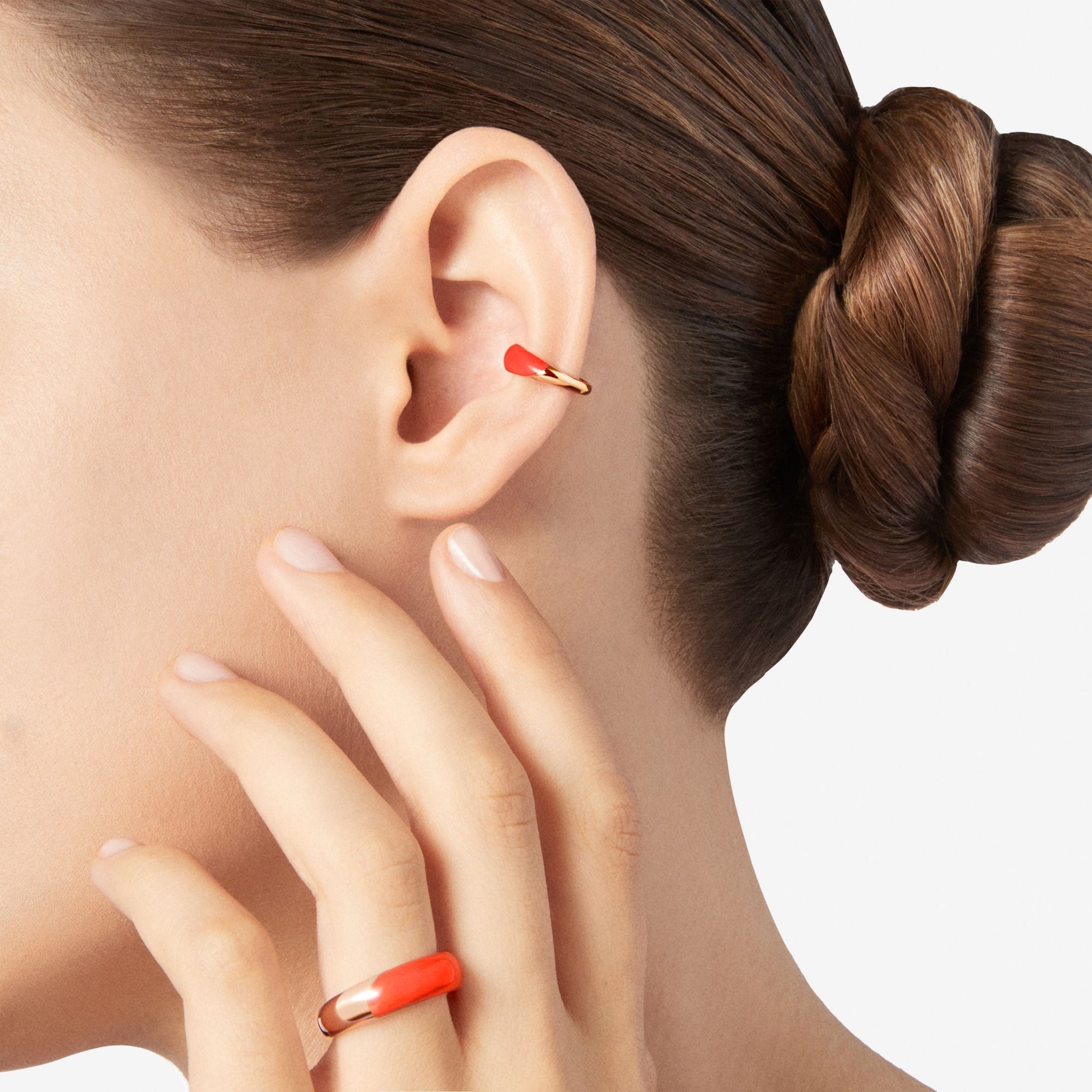 Rondelle earcuff in 18K rose gold plated silver and red enamel - Silver