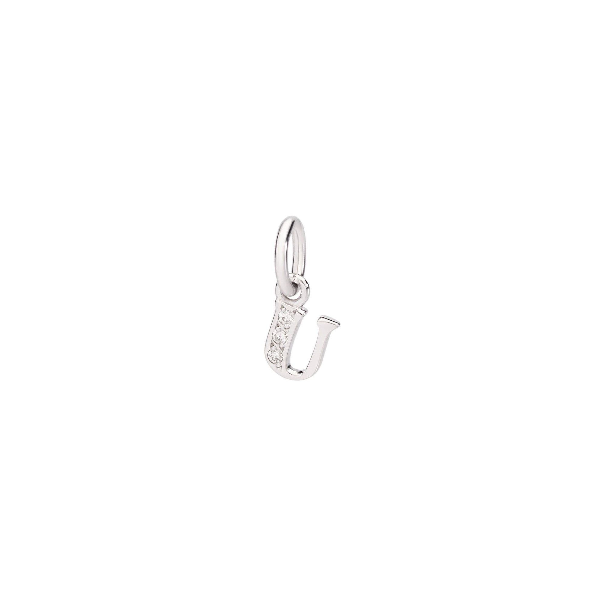 Letter U pendant in 18K rhodium plated white gold with 3 diamonds (0025 ct) small model - White Gold