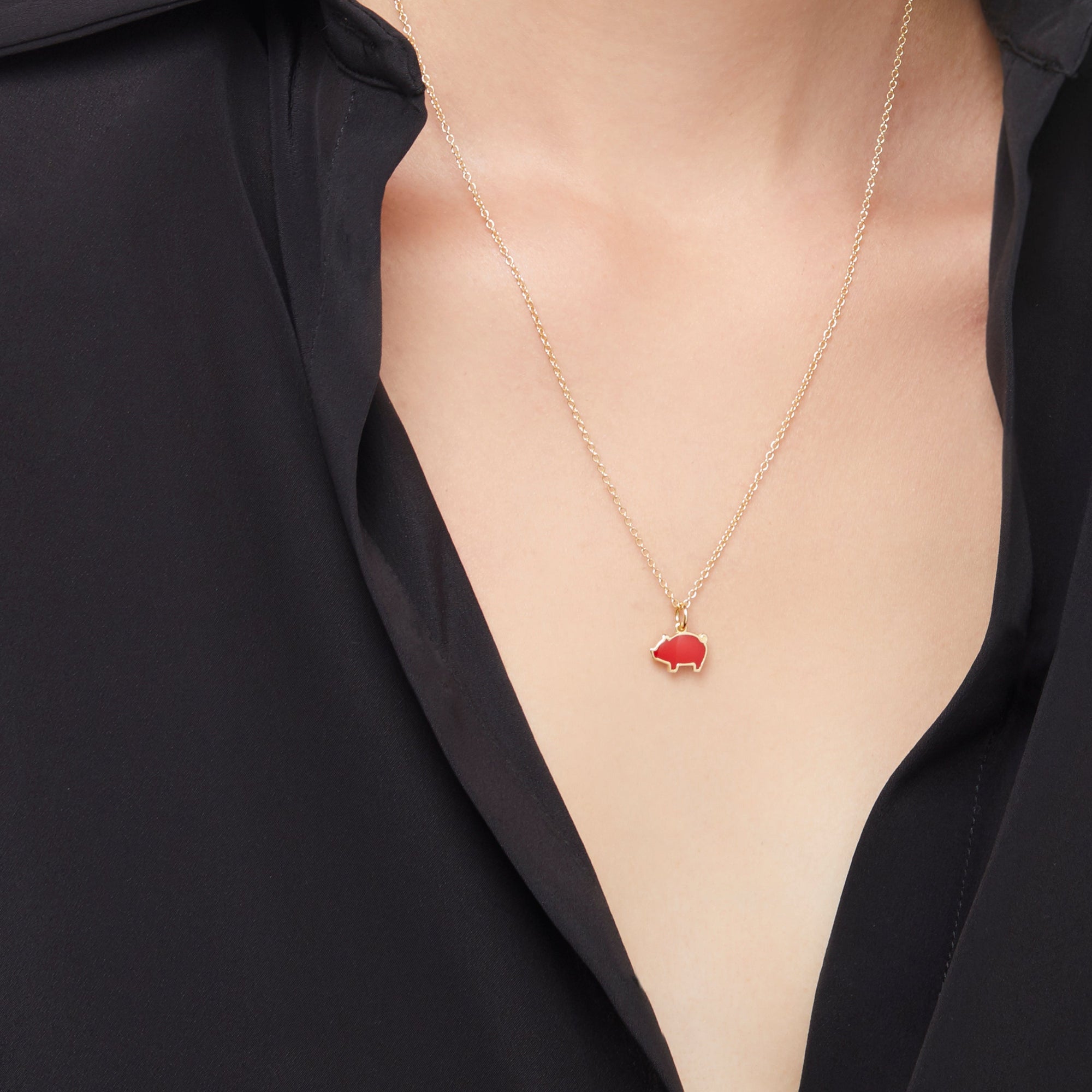 Pig yellow gold & red enamel Charm - Yellow Gold & Red