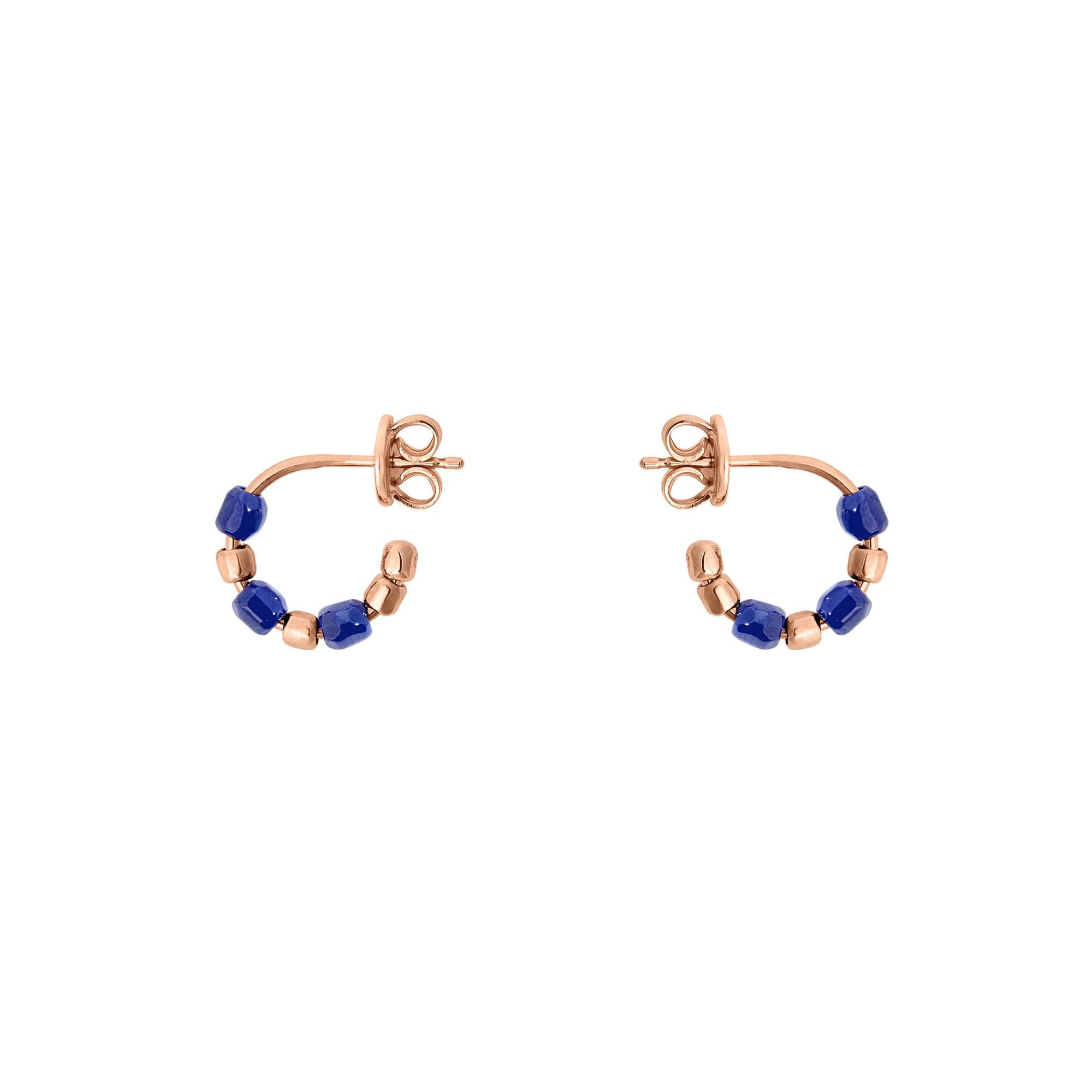 Small open circle earrings in 9K rose gold with mini granelli in 9K rose gold and blue ceramic Sold as a pair - Rose Gold