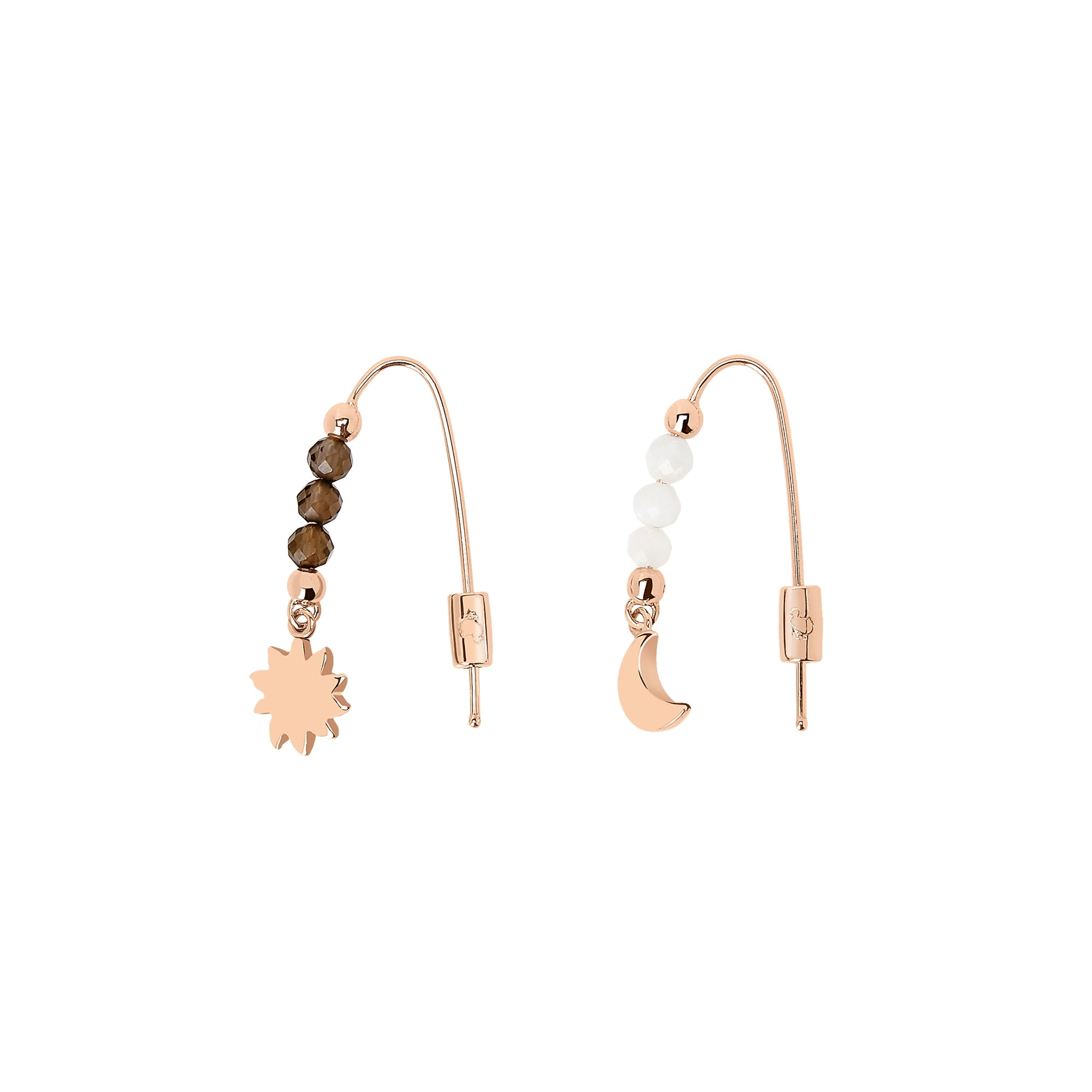 Hanging Moon & Sun earrings in 9K rose gold with smoky quartz and moonstone Pair - Rose Gold