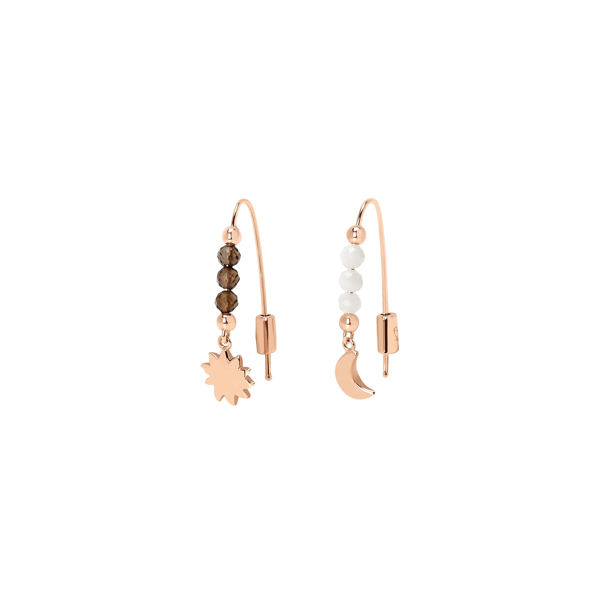 Hanging Moon & Sun earrings in 9K rose gold with smoky quartz and moonstone Pair - Rose Gold