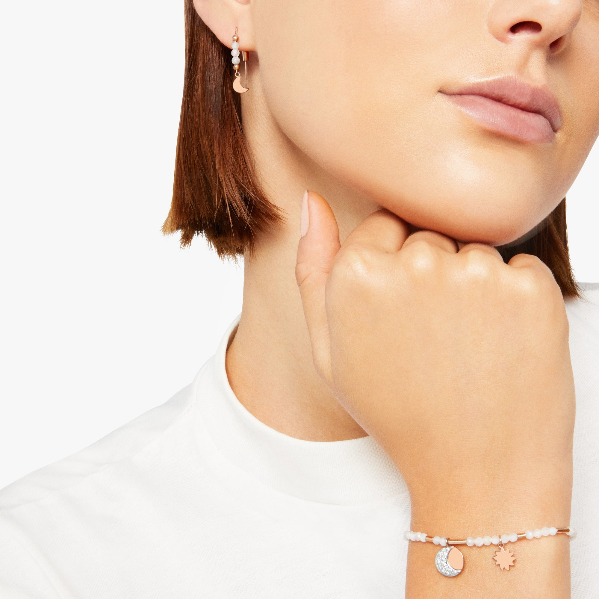 Hanging Moon & Sun earrings in 9K rose gold with smoky quartz and moonstone Pair - Rose Gold
