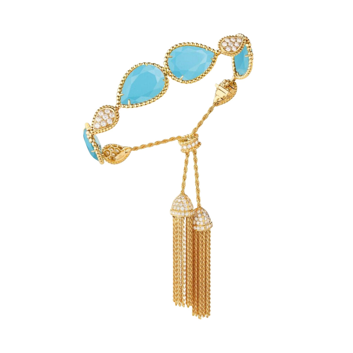 Serpent Bohème Pompon Multi-Motifs yellow gold turquoise & diamonds Bracelet - Yellow