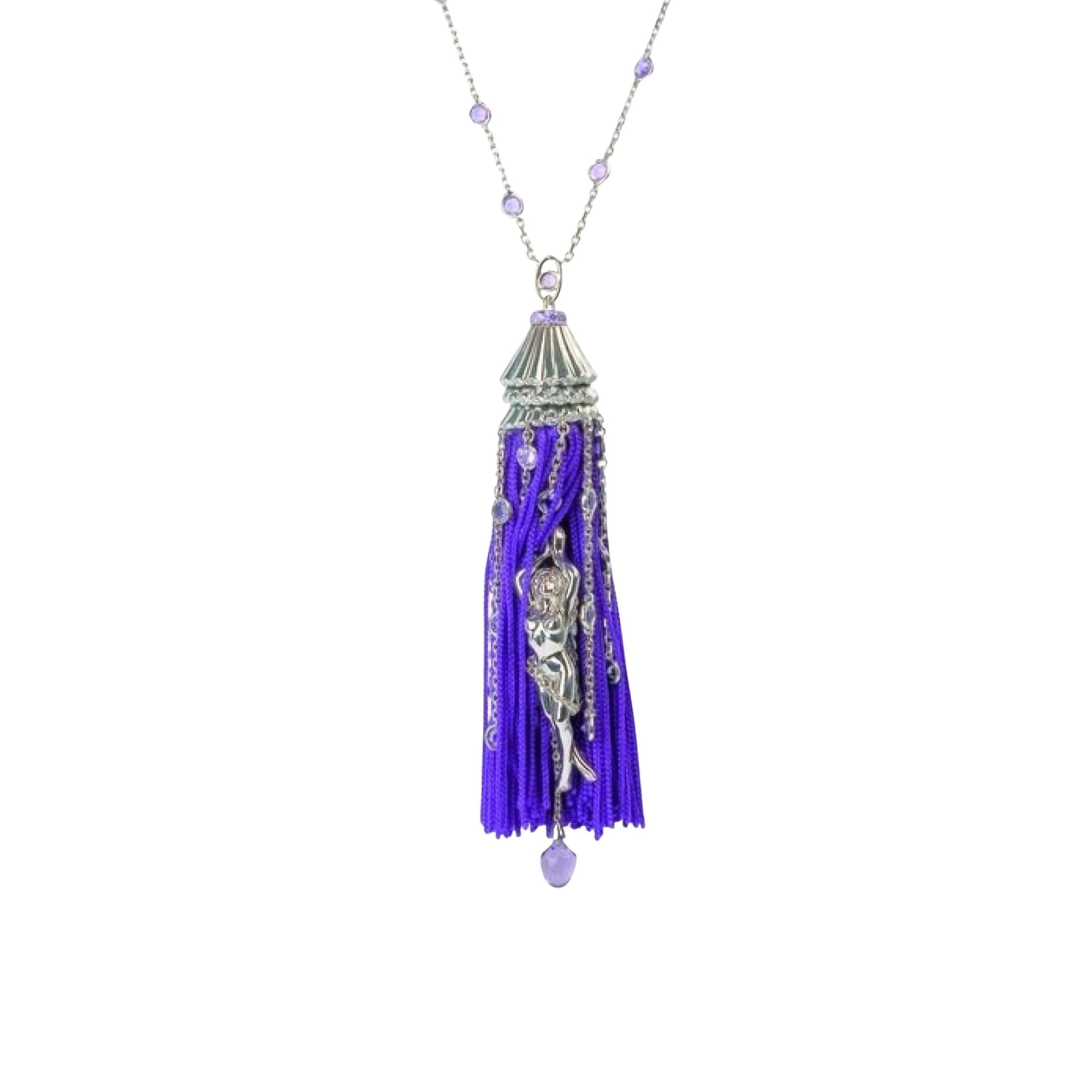 Pompon white gold sapphires diamonds & amethyst Pendant on Chain - White
