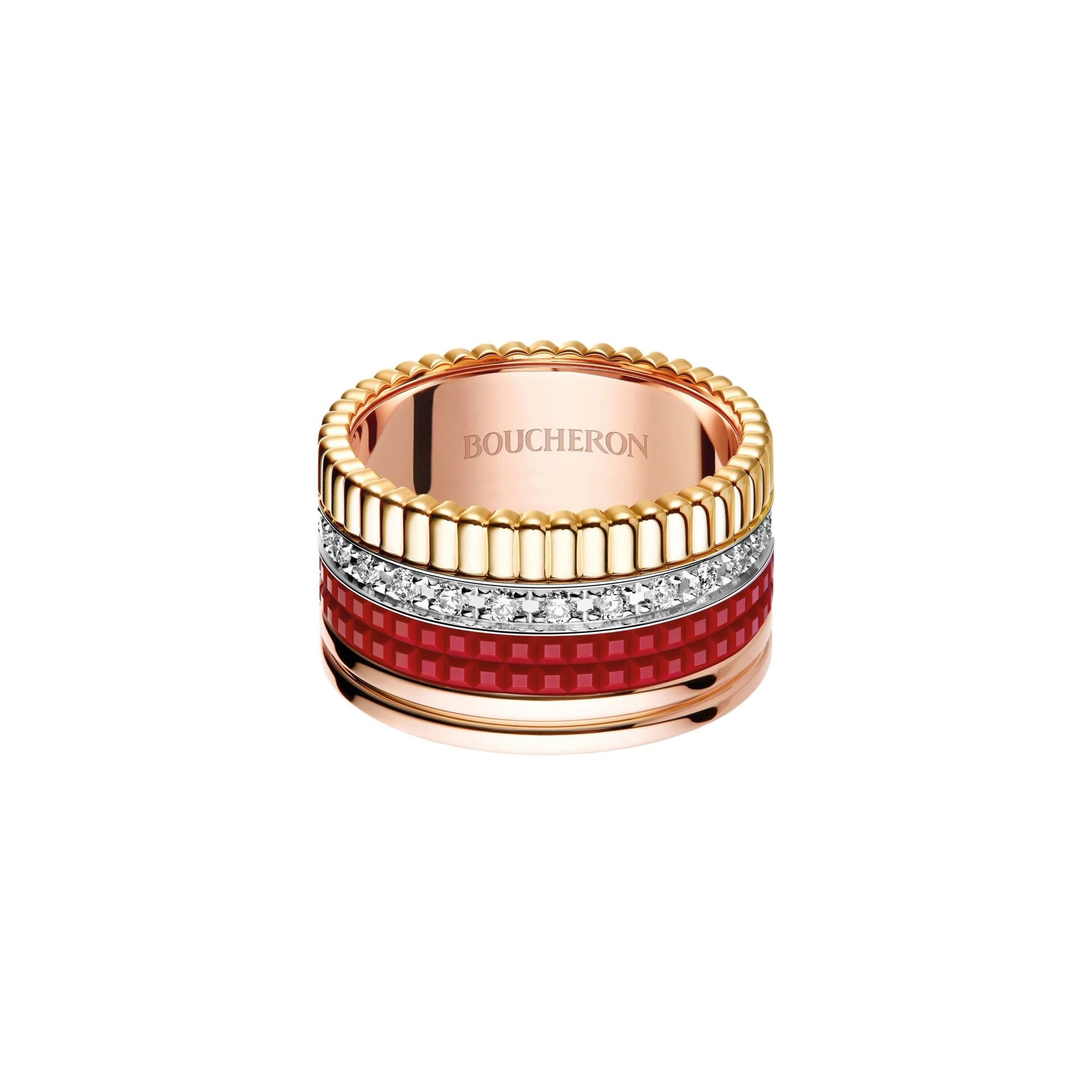Quatre Red Edition L 3 gold red hyceram & diamonds Ring - White & Yellow & Pink