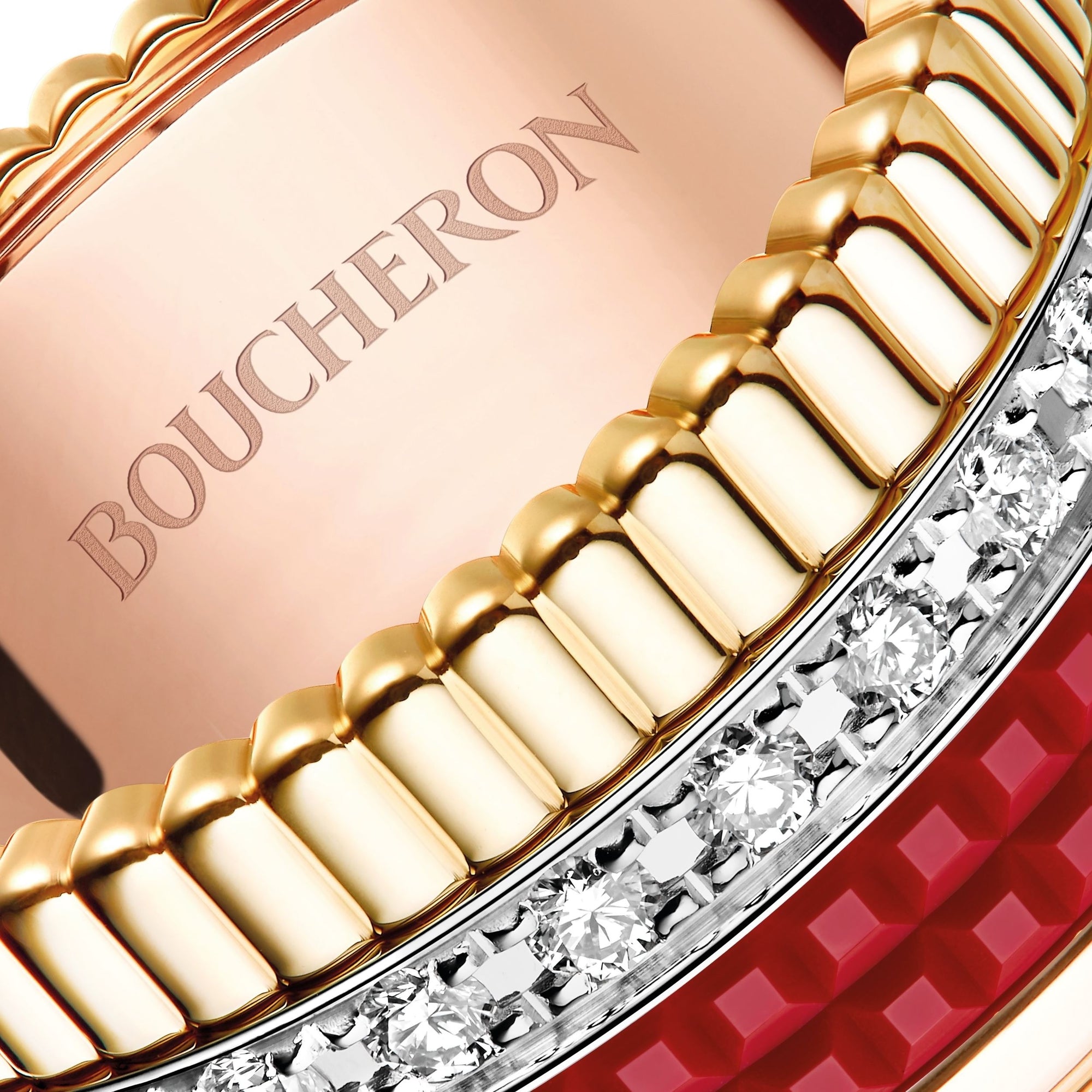 Quatre Red Edition L 3 gold red hyceram & diamonds Ring - White & Yellow & Pink