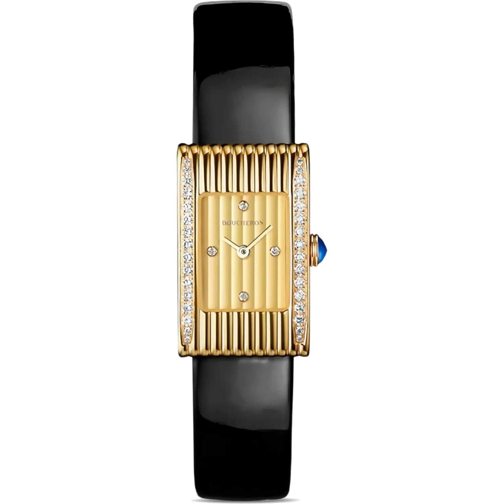 Reflet Small yellow and gadroon gold diamonds & black shiny calf Watch - Yellow & Black