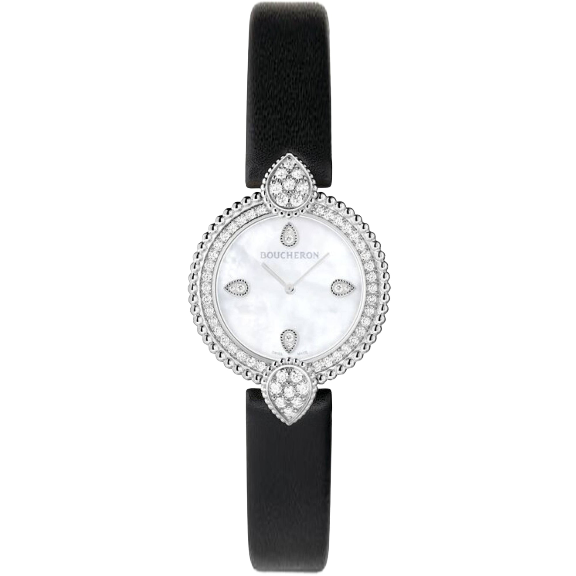 Serpent Bohème 32mm steel diamonds pearl dial & black calf Watch - White & Black