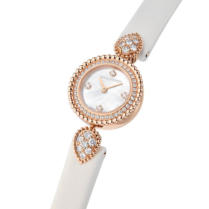 Serpent Bohème 21mm pink gold diamonds & white satin Watch - White & Yellow
