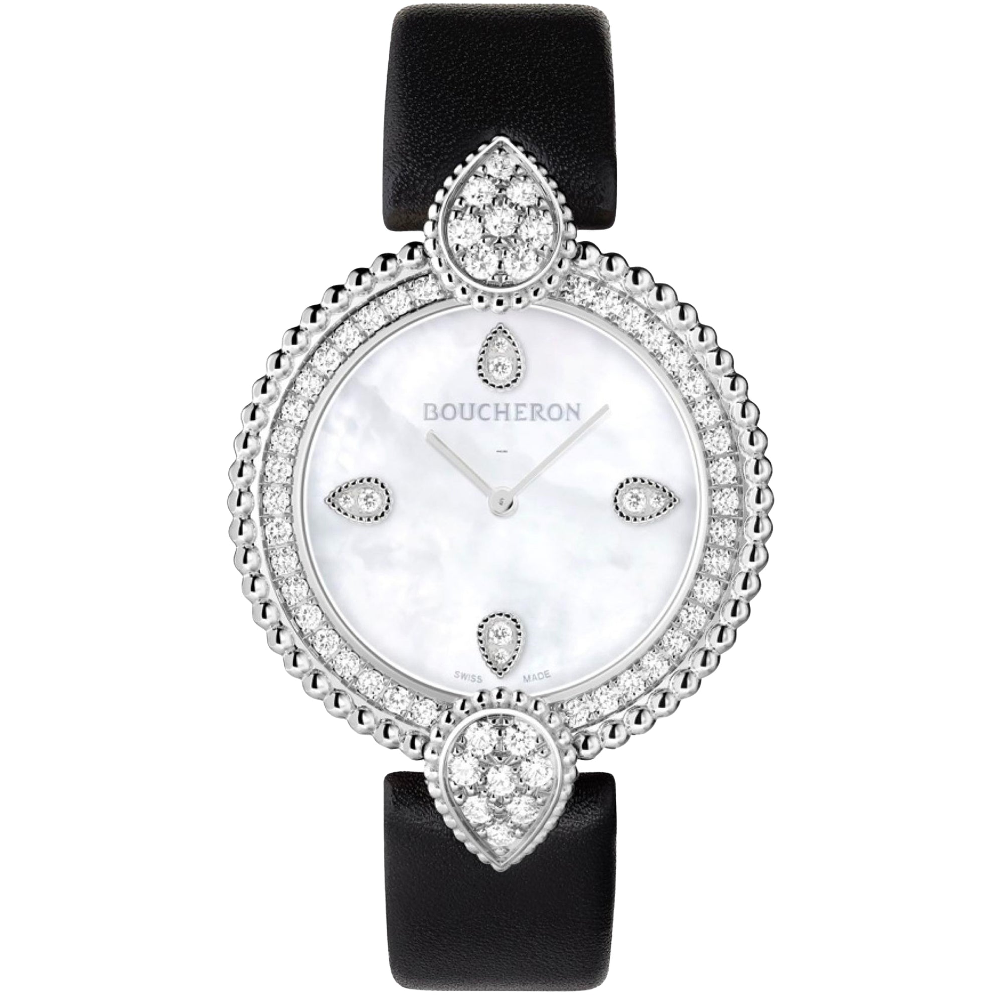 Serpent Boheme steel diamonds pearl dial & black calf Watch - White & Black