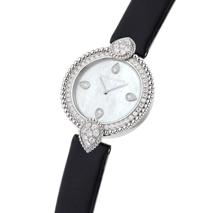 Serpent Bohème 32mm steel diamonds pearl dial & black calf Watch - White & Black