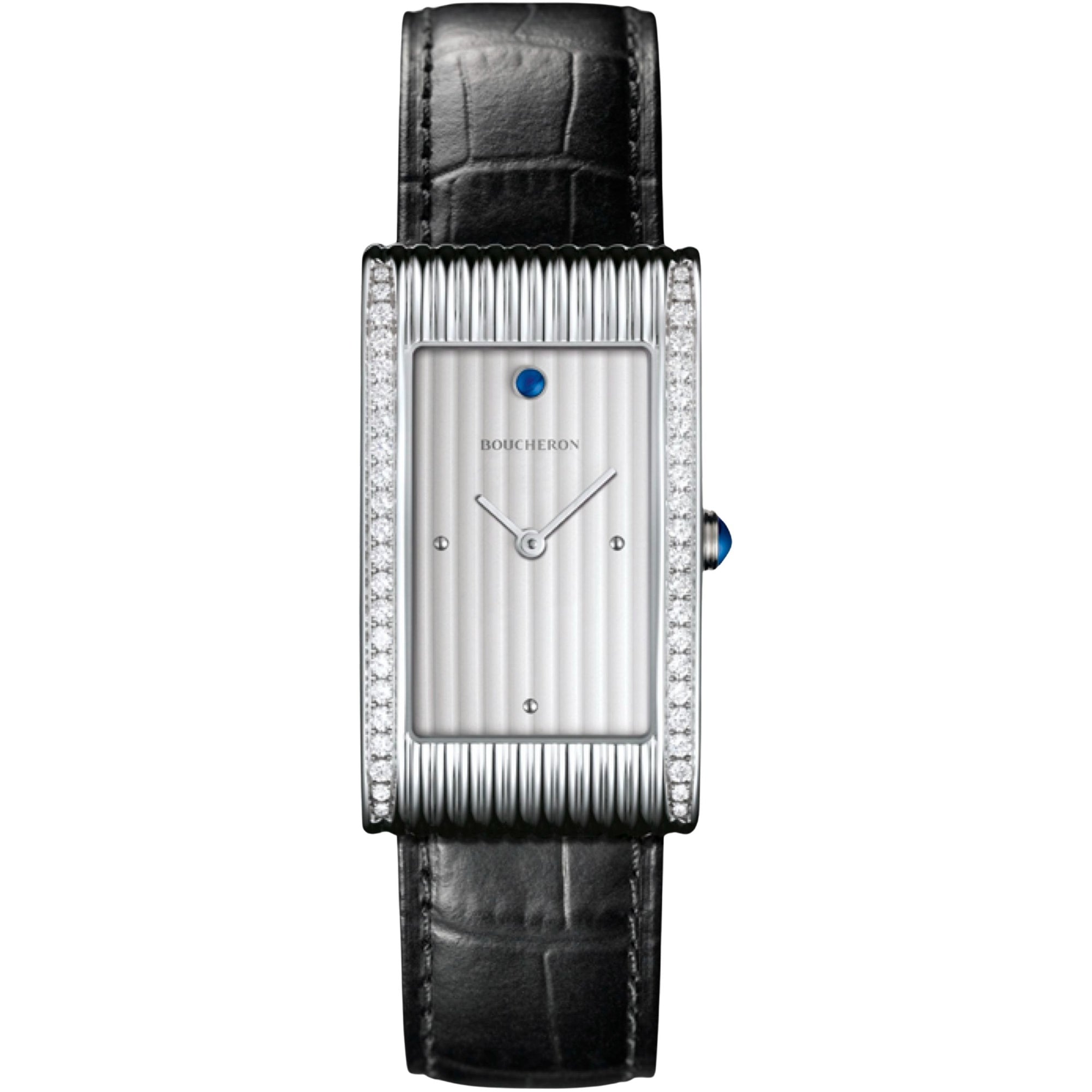 Reflet Large steel diamonds & black alligator Watch - White & Black