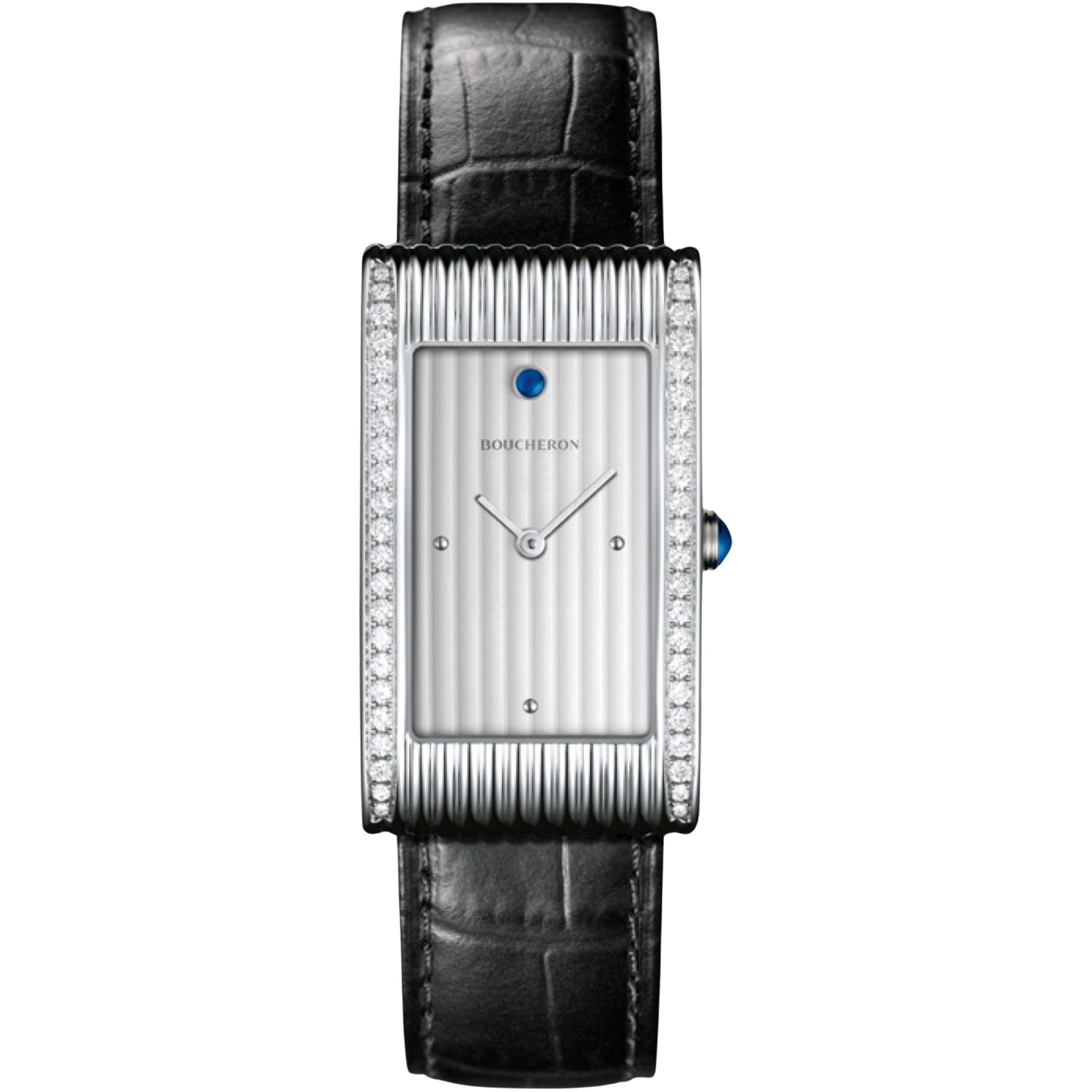 Reflet Large steel diamonds & black alligator Watch - White & Black