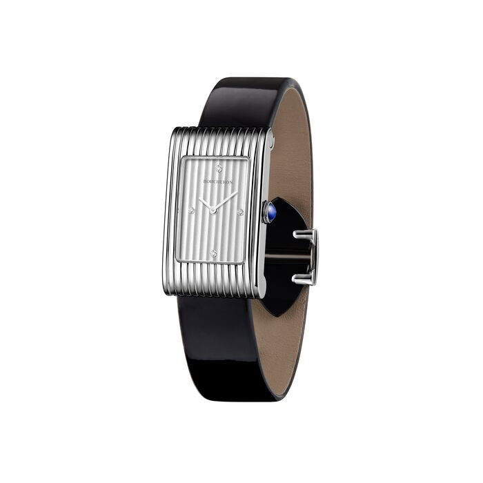 Reflet Medium steel silver gadroons & black shiny calf Watch - White & Black