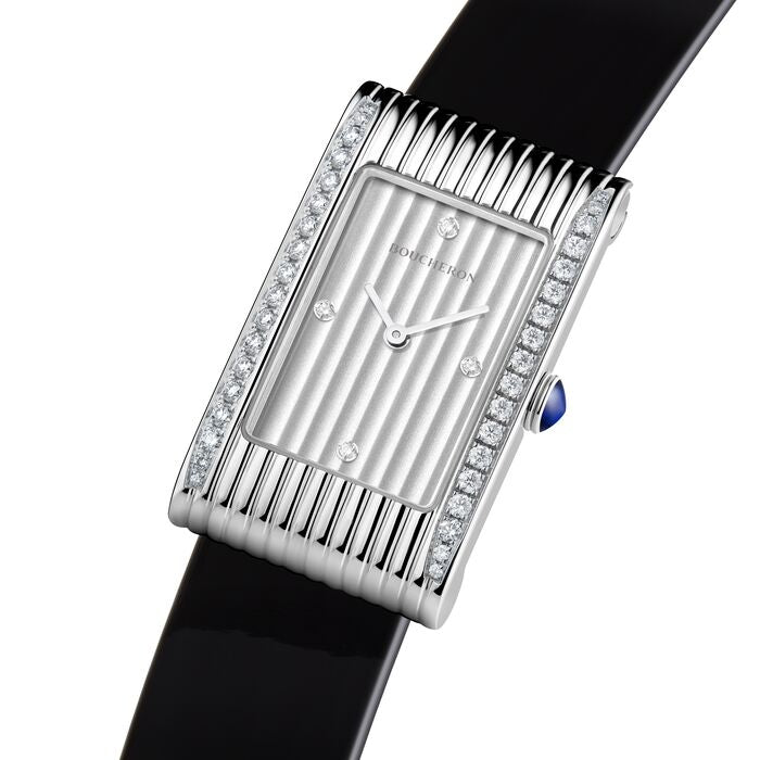 Reflet Medium steel diamonds silver gadroons & black mat calf Watch - White & Black