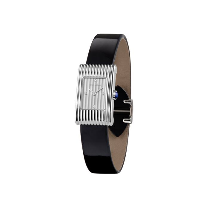 Reflet Small steel silver gadroons & black shiny calf Watch - White & Black
