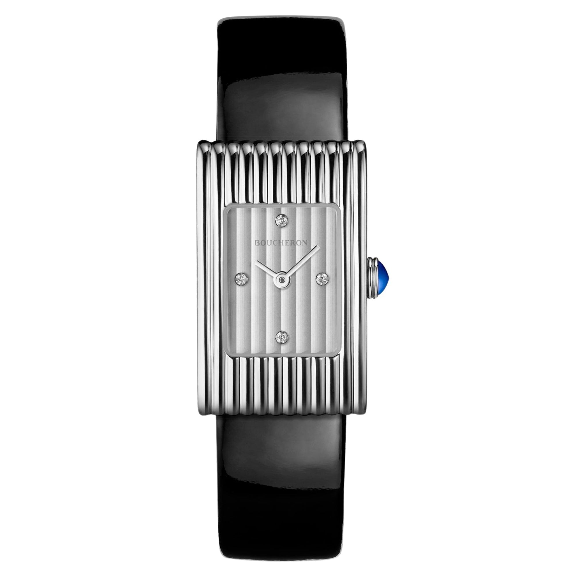 Reflet Small steel silver gadroons & black patent calf Watch - White & Black
