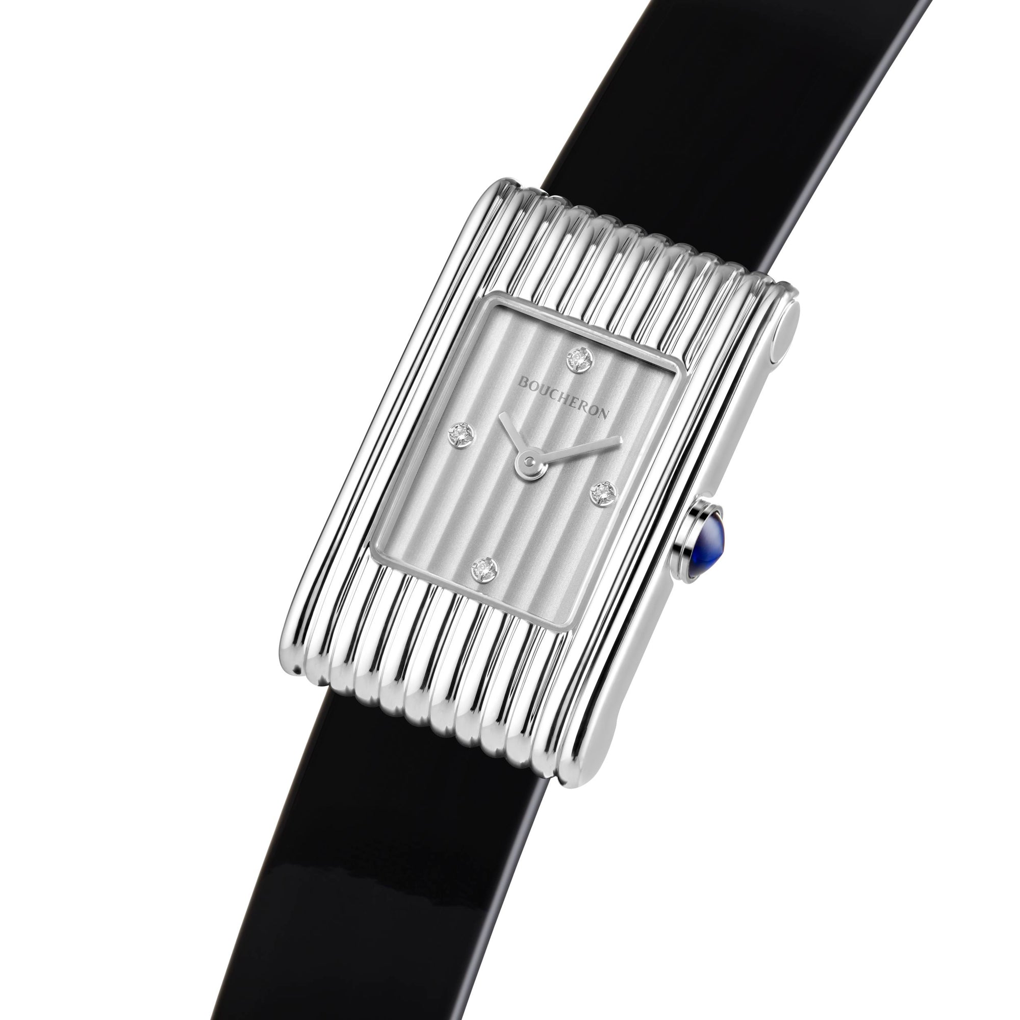 Reflet Small steel silver gadroons & black mat calf Watch - White & Black